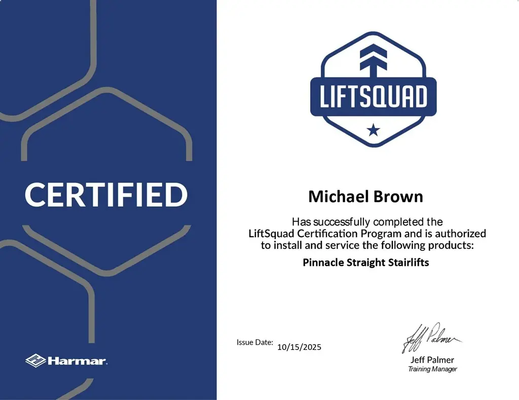 LiftSquad certification for Michael Brown to install and service Pinnacle Straight Stairlifts.